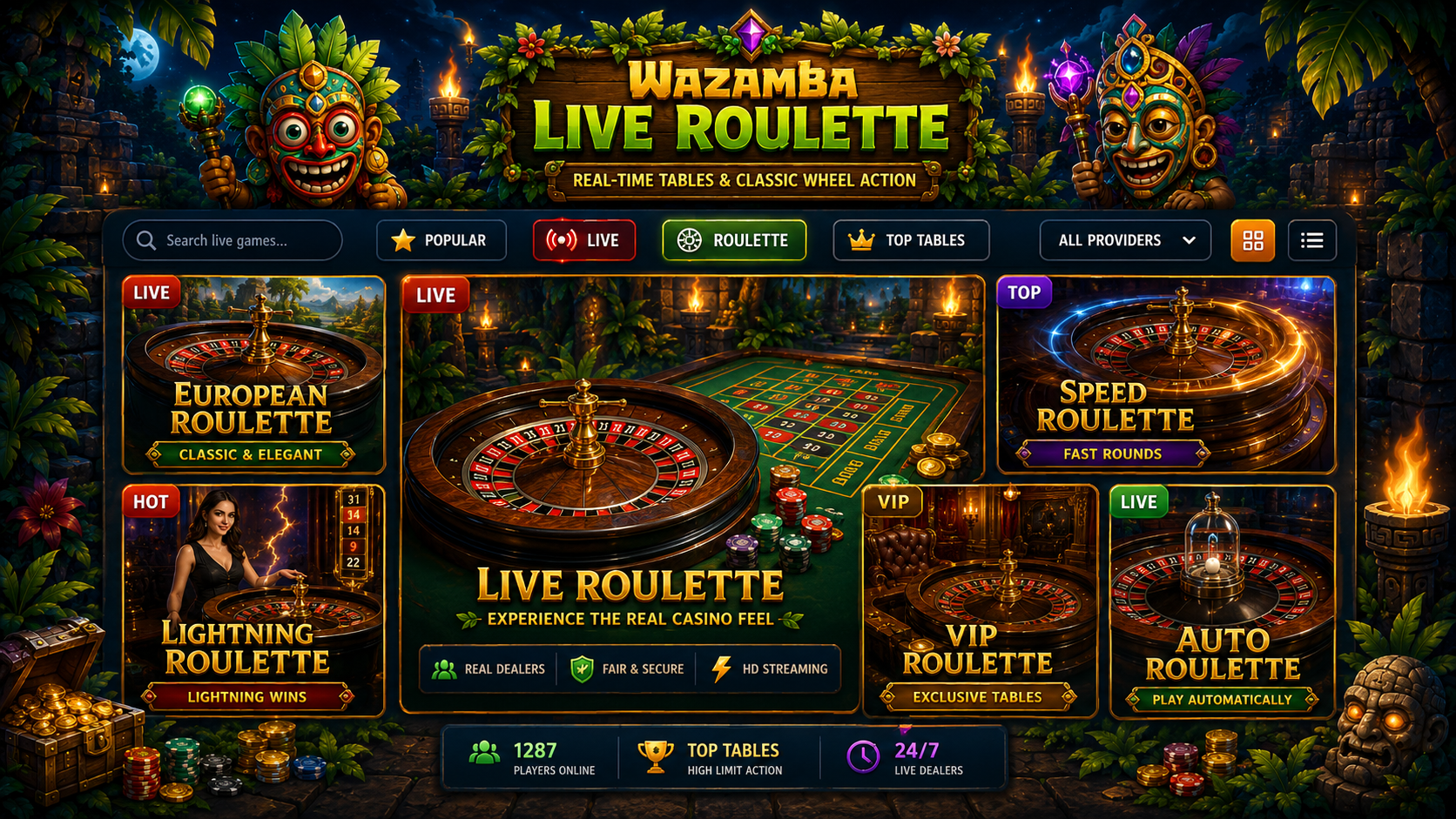 Ilustracija kolesa rulete in igralnih kart, ki predstavlja živi casino Wazamba